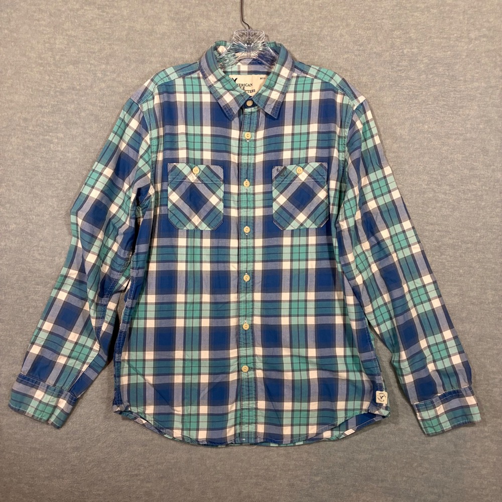 American Eagle Outfitters Mens Blue Teal Plaid Athletic Fit Flannel Shirt L